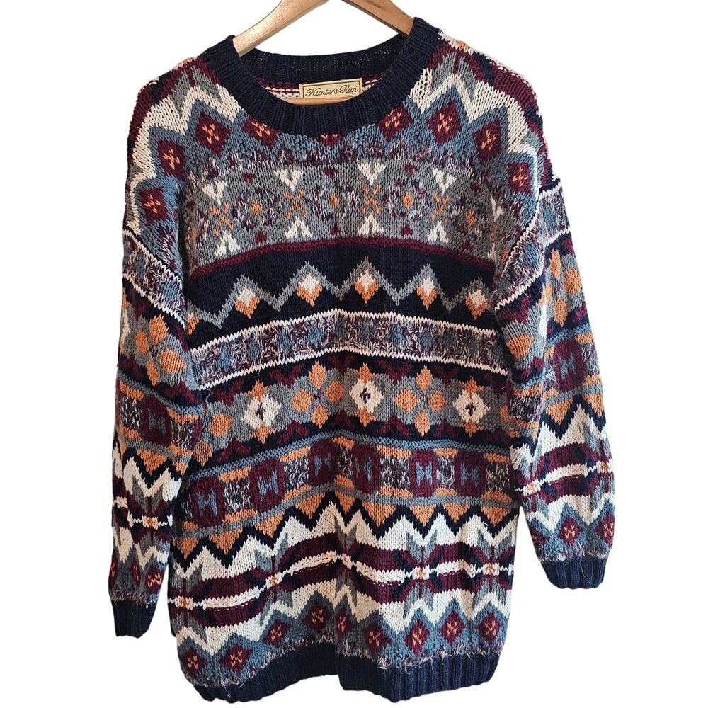 Vintage Fair Isle Sweater Women Lg 90s Blue Cottage Preppy Academia Twee Granny